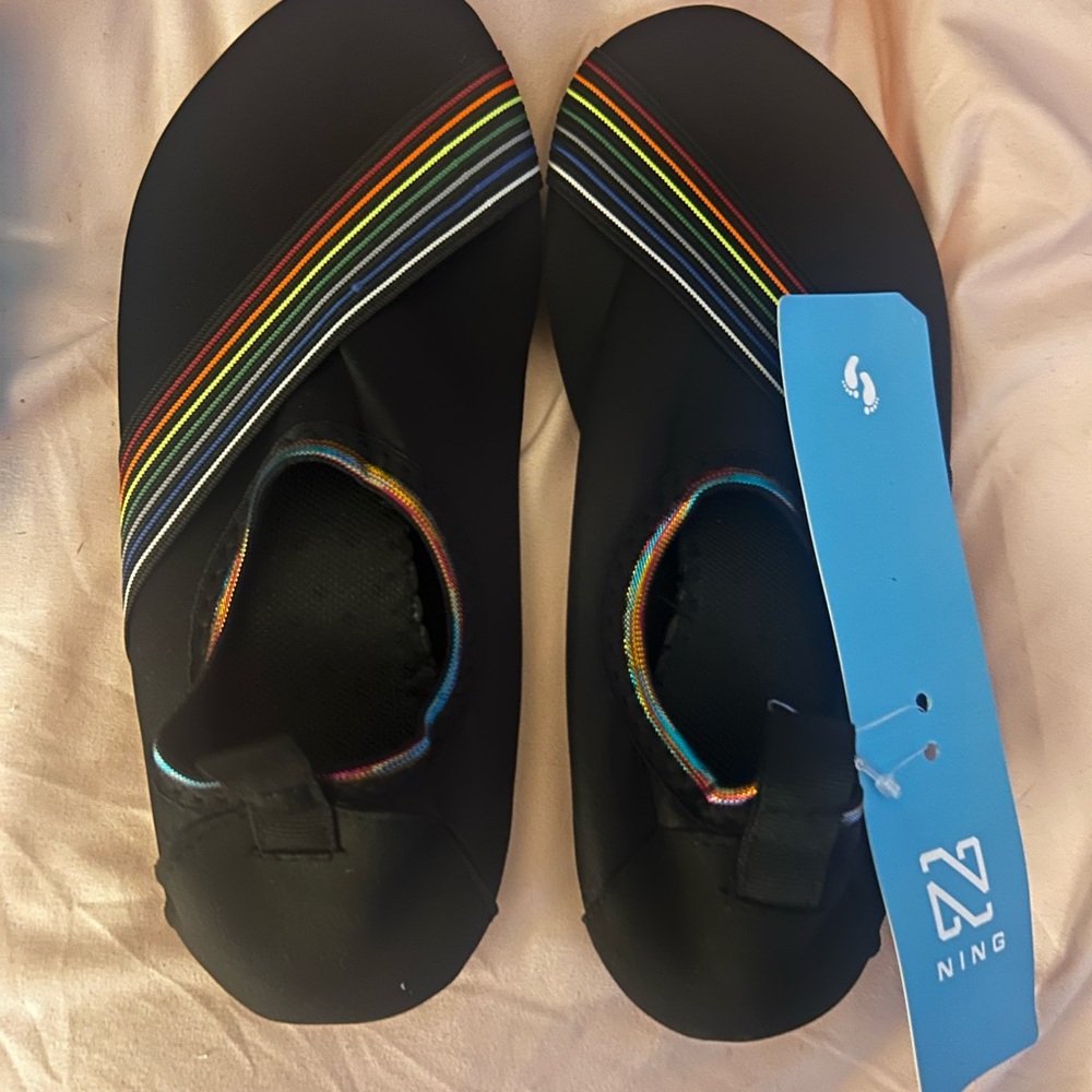 Beach/Water shoes. NING womens/youth Black Water Shoes with Colorful Stripes.